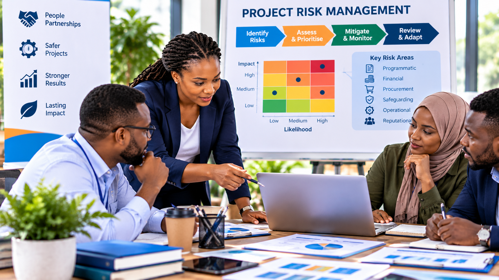 Diverse NGO project management professionals reviewing a colour-coded project risk assessment matrix and mitigation plan