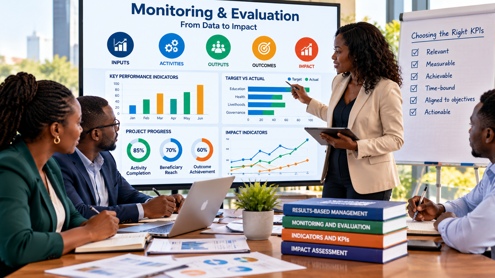 Monitoring and evaluation workshop with a dashboard showing project indicators, targets, actual results and performance measures