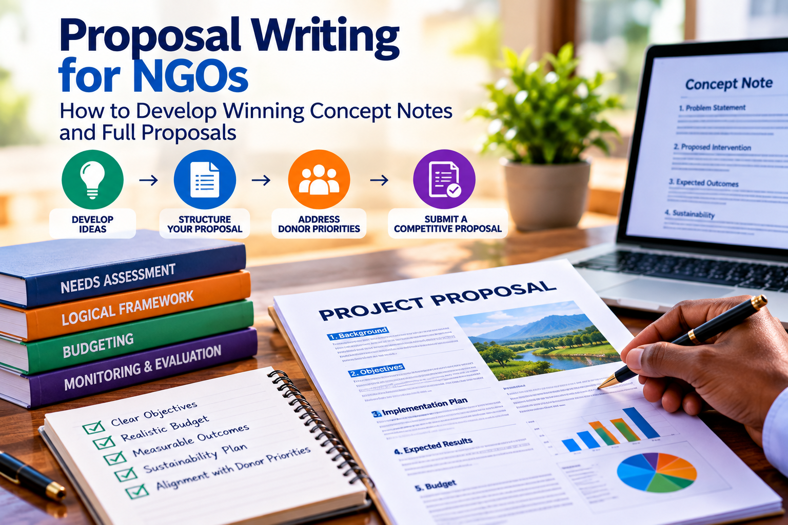 NGO project proposal writing and grant funding application workspace
